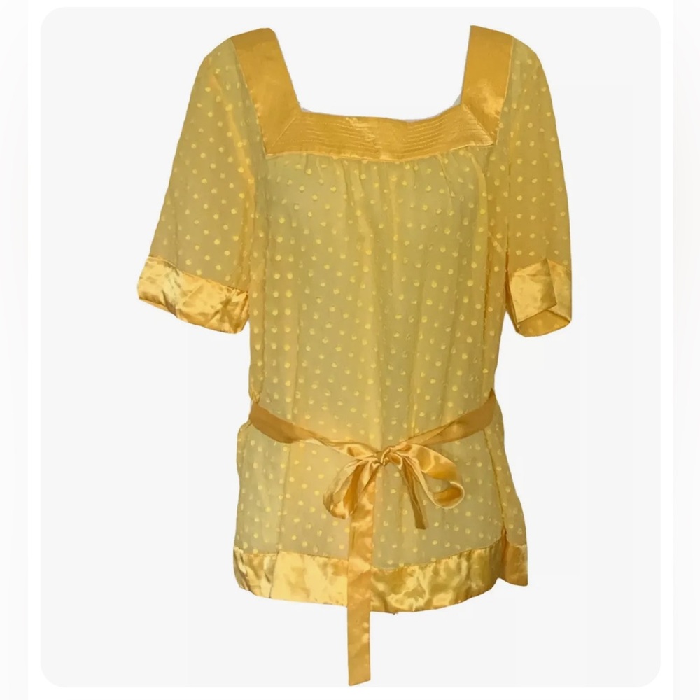 Guess Shirt Women Top Yellow Silk Blouse Large Polka Dot Sash Silky Soft Layers